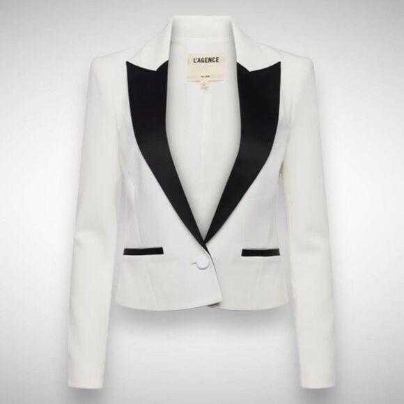 L’AGENCE Scarlet White Colorblock Tuxedo Crop Blazer Jacket Size 2 Satin Lapel - Picture 13 of 13